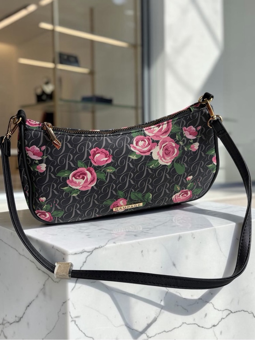 Rampage Black Floral Mini Crescent Bag with Pink Roses